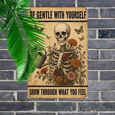 Listing image for Mental Health Self Care Poster Quote Floral Skeleton Metal Plaque
