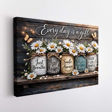Listing image for Rustic Wood Effect Farmhouse Daisy Mason Jar Canvas Wall Art Inspirational Quote