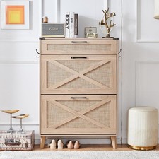 Listing image for Lelelinky Rattan Shoe Cabinet Bohemian Entryway Storage Organiser Natural Wood